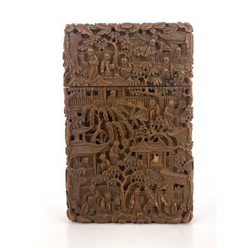 573 - A Chinese carved wood cardcase, modelled in relief with an extensive populated garden landscape of t... 