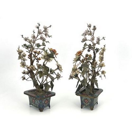 575 - A pair of Chinese 'Bonsai' trees, Qing Dynasty, hardstone foliage, and jade leaves, in rectangular c... 