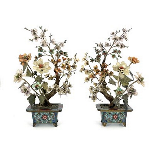 575 - A pair of Chinese 'Bonsai' trees, Qing Dynasty, hardstone foliage, and jade leaves, in rectangular c... 