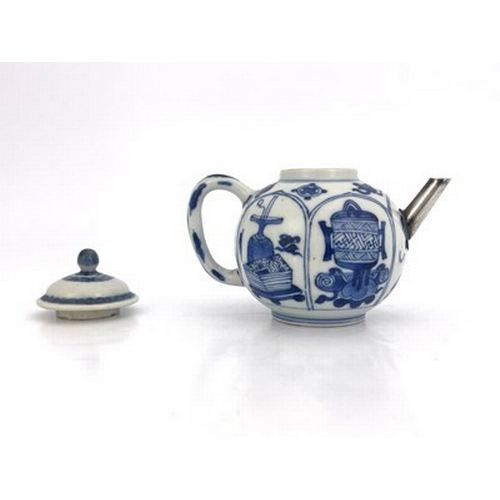 578 - A Chinese blue and white teapot and cover, 18th century probably Kangxi, painted with panels depicti... 