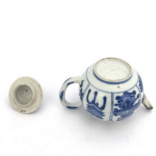 578 - A Chinese blue and white teapot and cover, 18th century probably Kangxi, painted with panels depicti... 