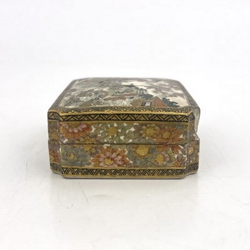 589 - A Japanese Satsuma box and cover, probably the mark of Kozan, cuboid form with canted corners, the c... 