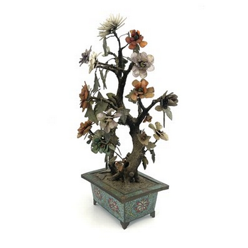 597 - A large Chinese 'Bonsai' tree, Qing Dynasty, hardstone flowers, and jade foliage, in a rectangular c... 