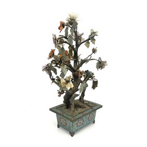 597 - A large Chinese 'Bonsai' tree, Qing Dynasty, hardstone flowers, and jade foliage, in a rectangular c... 