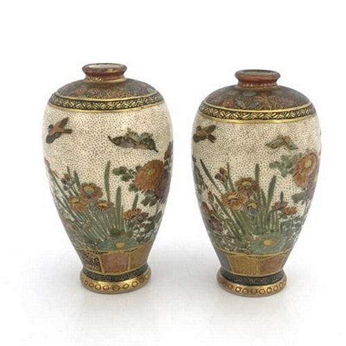 602 - A pair of Japanese Satsuma small vases, 'zan' mark, Meiji, shouldered form, painted in the round wit... 