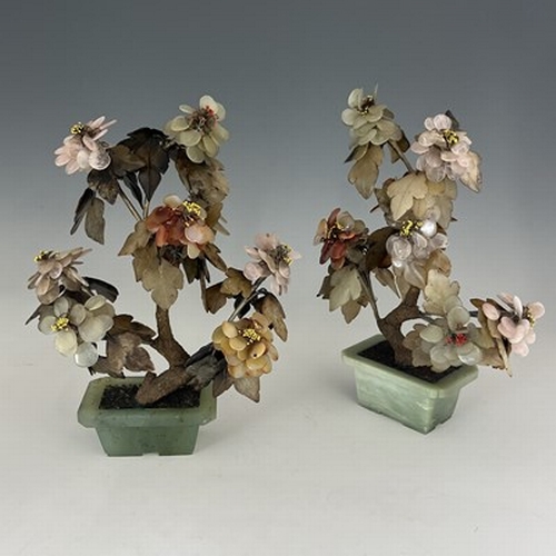 609 - A pair of Chinese hardstone trees, early 20th Century, the leaves in semi-precious translucent stone... 