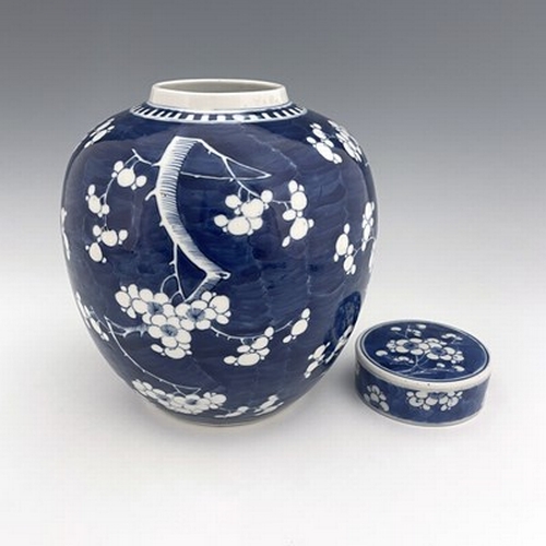 620 - A Chinese blue and white ginger jar and cover, painted with prunus blossom, 28cm high