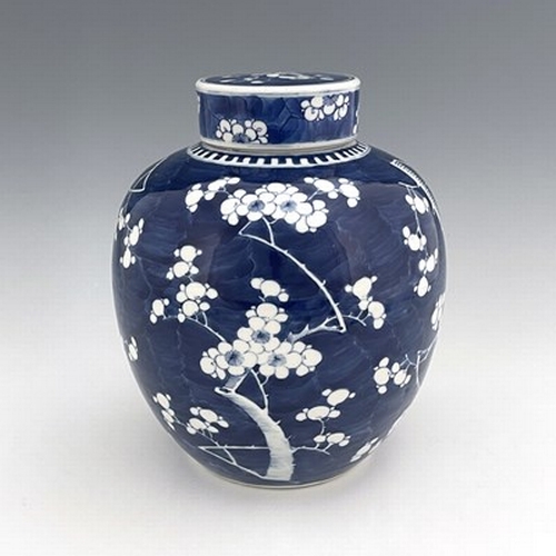 620 - A Chinese blue and white ginger jar and cover, painted with prunus blossom, 28cm high