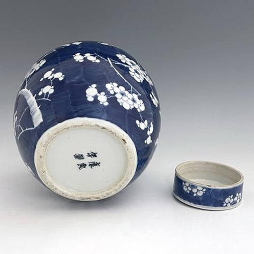 620 - A Chinese blue and white ginger jar and cover, painted with prunus blossom, 28cm high