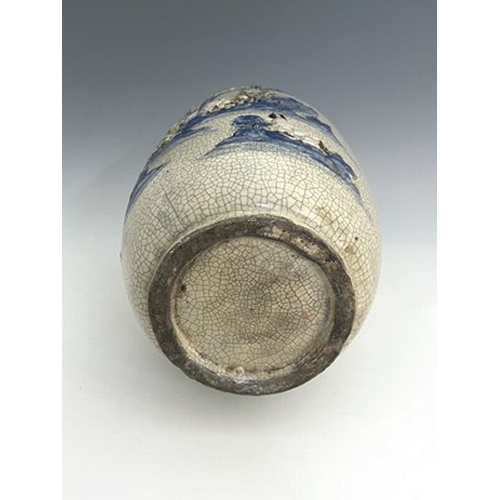 621 - A Chinese blue and white relief moulded craquelure vase, shouldered rolo form, applied with sprigged... 