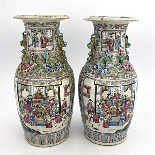 628 - A pair of Chinese famille rose vases, Canton 19th century, shouldered form with lizard moulded necks... 