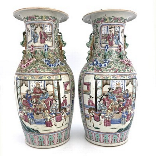 628 - A pair of Chinese famille rose vases, Canton 19th century, shouldered form with lizard moulded necks... 