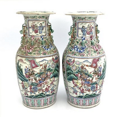 628 - A pair of Chinese famille rose vases, Canton 19th century, shouldered form with lizard moulded necks... 