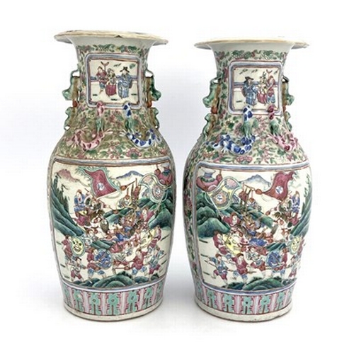 628 - A pair of Chinese famille rose vases, Canton 19th century, shouldered form with lizard moulded necks... 