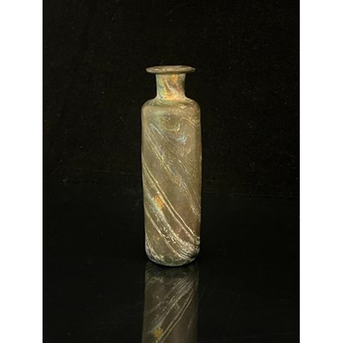 649 - A Roman style iridescent glass scent bottle, shouldered cylindrical form, marbled lustre stripes, 11... 