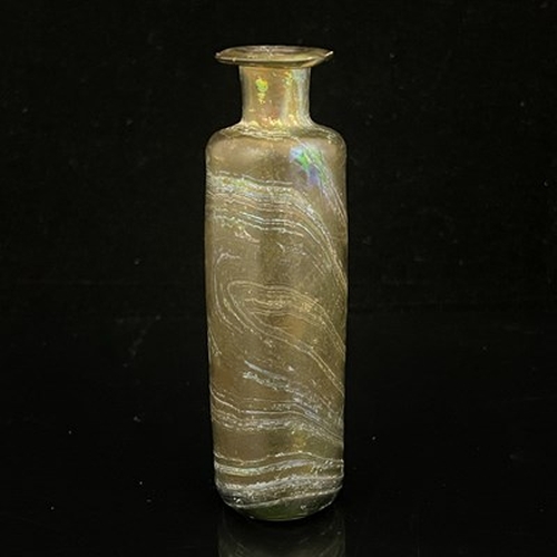 649 - A Roman style iridescent glass scent bottle, shouldered cylindrical form, marbled lustre stripes, 11... 