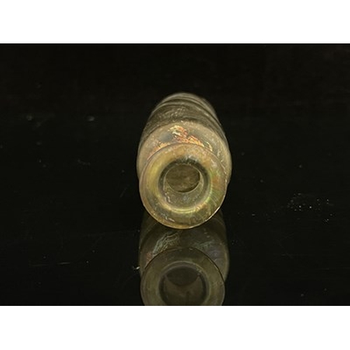 649 - A Roman style iridescent glass scent bottle, shouldered cylindrical form, marbled lustre stripes, 11... 