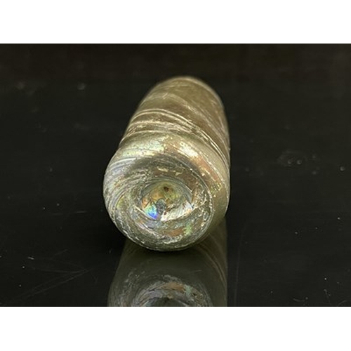 649 - A Roman style iridescent glass scent bottle, shouldered cylindrical form, marbled lustre stripes, 11... 