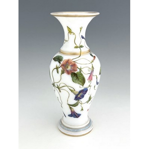 665 - A 19th century French white opaline glass vase, baluster form, painted with convolvulus and banded i... 