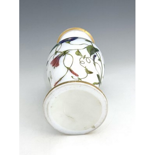 665 - A 19th century French white opaline glass vase, baluster form, painted with convolvulus and banded i... 