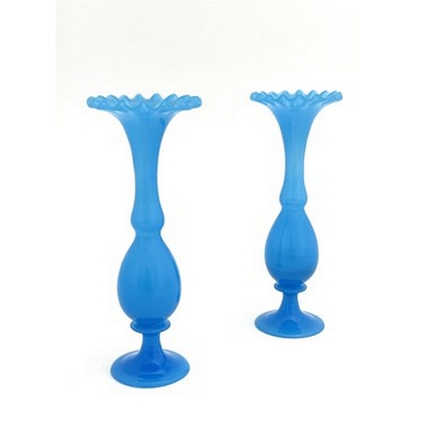 667 - A pair of French blue opaline glass vases, probably Baccarat, circa 1860s, pedestal double gourd for... 