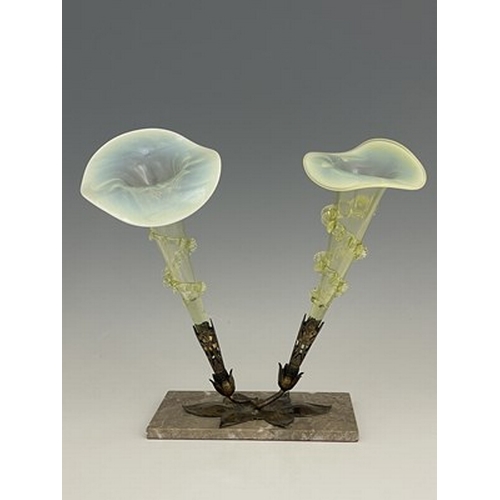 678 - An Aesthetic Movement gilt metal and straw opal glass double epergne, circa 1880s, in the style of J... 