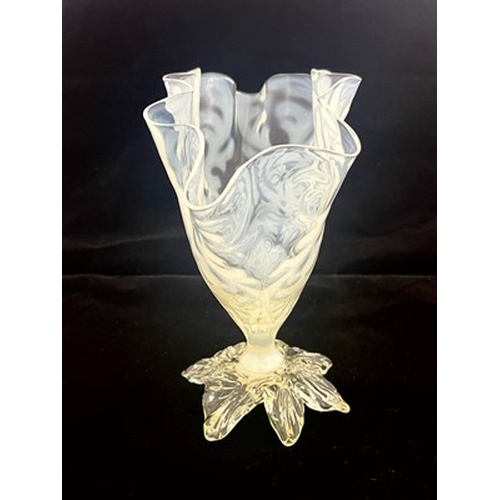 686 - John Walsh Walsh, an Arts and Crafts opaline brocade glass vase, circa 1897, the crimped handkerchie... 