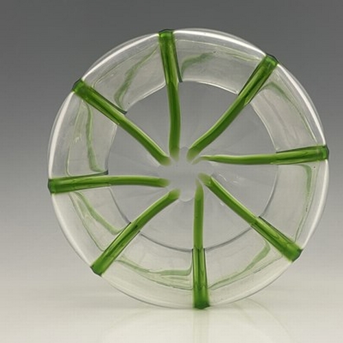 688 - A Stuart Arts and Crafts green trailed glass bowl, circa 1890, squat hyacinth vase for, conical with... 