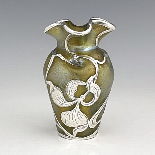 717 - Loetz, a Secessionist silver overlay Candia Silberiris glass vase, dimpled and shouldered with crimp... 