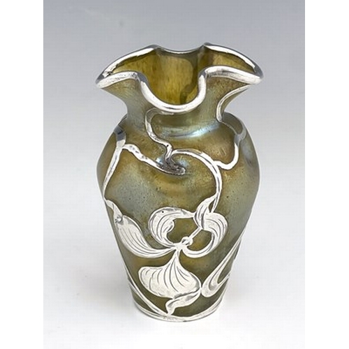 717 - Loetz, a Secessionist silver overlay Candia Silberiris glass vase, dimpled and shouldered with crimp... 