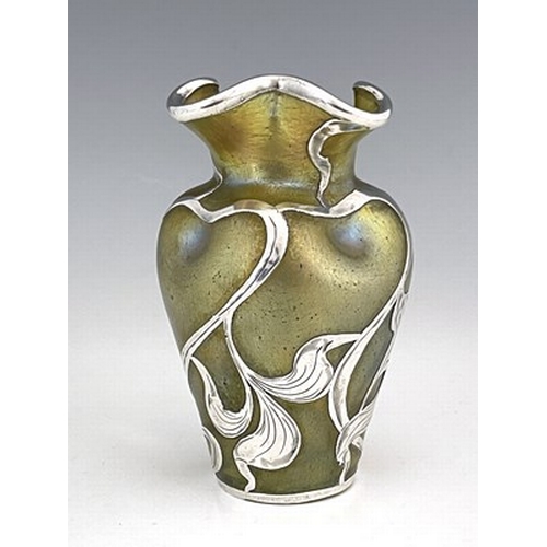 717 - Loetz, a Secessionist silver overlay Candia Silberiris glass vase, dimpled and shouldered with crimp... 