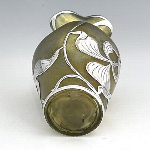 717 - Loetz, a Secessionist silver overlay Candia Silberiris glass vase, dimpled and shouldered with crimp... 