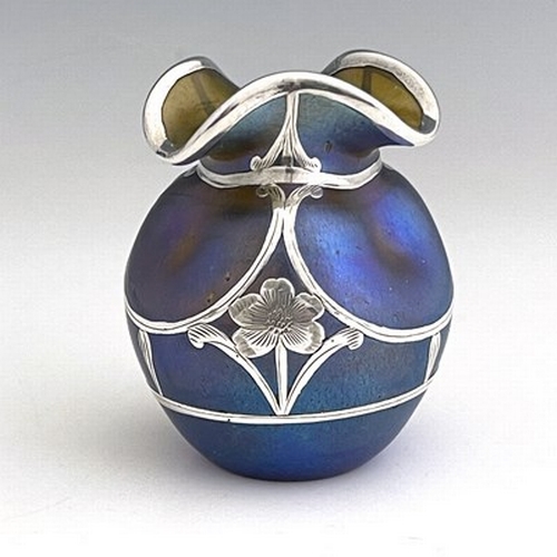 718 - Loetz, a Secessionist silver overlay Silberiris iridescent glass vase, dimpled ovoid form with band ... 