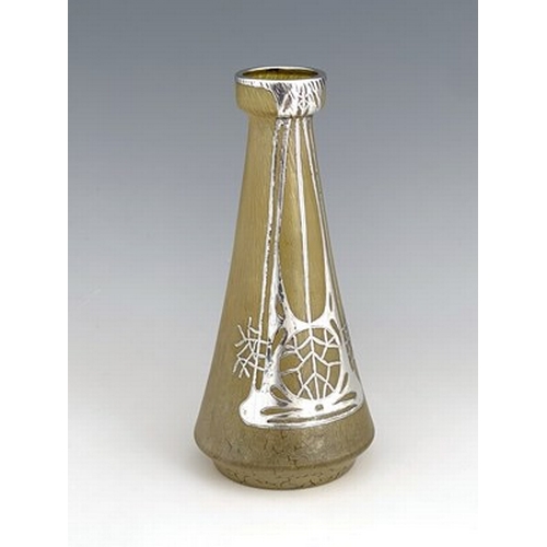 719 - Loetz, a Secessionist silver overlay Candia Papillon iridescent glass vase, conical form with open n... 