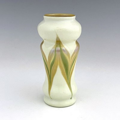 720 - Louis Comfort Tiffany, an Art Nouveau Favrile glass vase, cylindrical double gourd form with white o... 