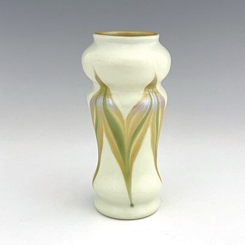 720 - Louis Comfort Tiffany, an Art Nouveau Favrile glass vase, cylindrical double gourd form with white o... 