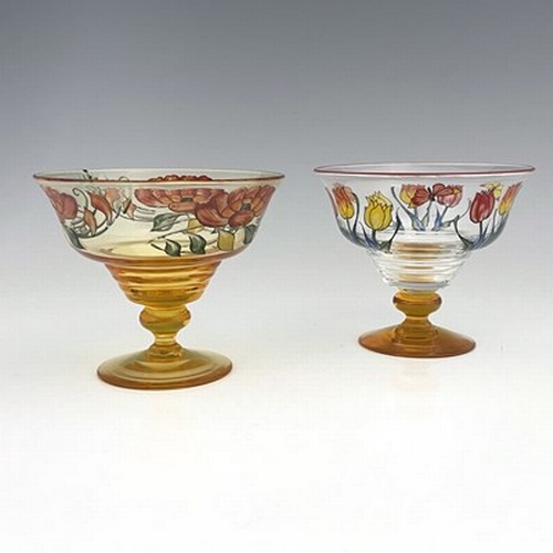 729 - Stuart, two Art Deco enamelled glass dessert dishes, circa 1930, Stratford shape, one amber the othe... 