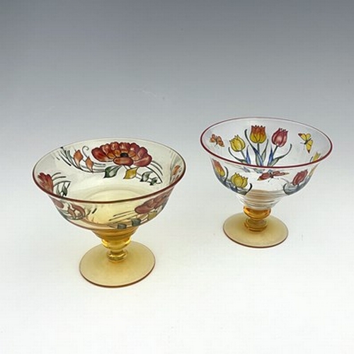 729 - Stuart, two Art Deco enamelled glass dessert dishes, circa 1930, Stratford shape, one amber the othe... 