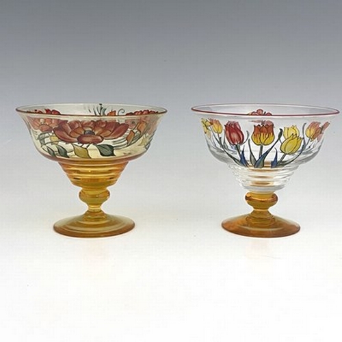 729 - Stuart, two Art Deco enamelled glass dessert dishes, circa 1930, Stratford shape, one amber the othe... 