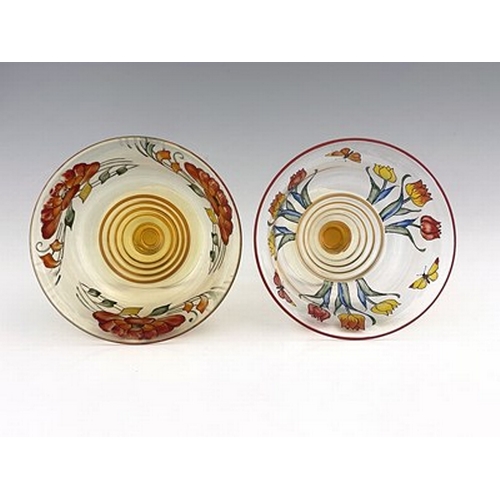 729 - Stuart, two Art Deco enamelled glass dessert dishes, circa 1930, Stratford shape, one amber the othe... 