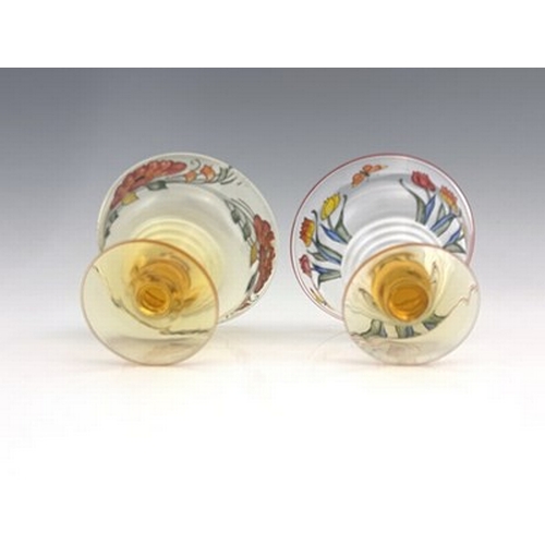 729 - Stuart, two Art Deco enamelled glass dessert dishes, circa 1930, Stratford shape, one amber the othe... 