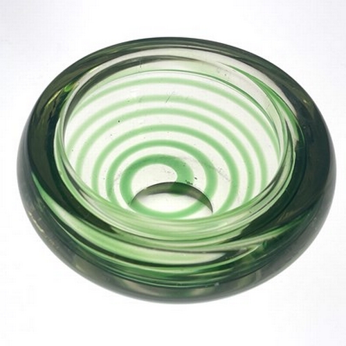 748 - H J Dunne Cooke for Whitefriars, a green spiral threaded glass bowl, circa 1930s, in the Scandinavia... 