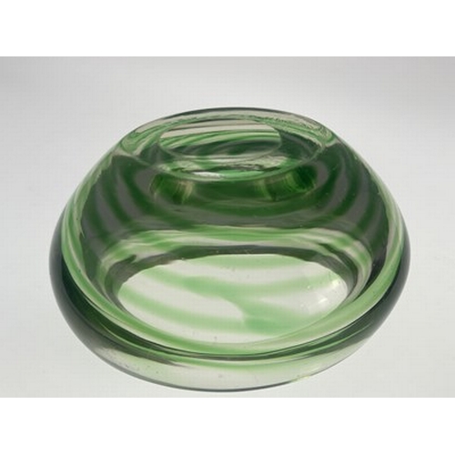 748 - H J Dunne Cooke for Whitefriars, a green spiral threaded glass bowl, circa 1930s, in the Scandinavia... 