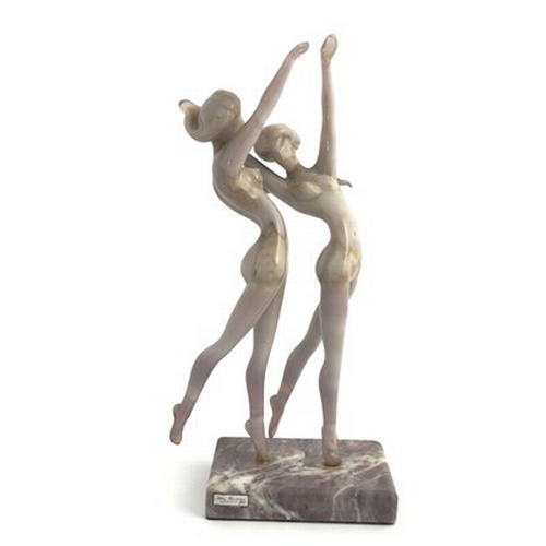 754 - Istvan Komaromy, a glass lampwork figure group, circa 1950, modelled as two nude women dancing, pink... 