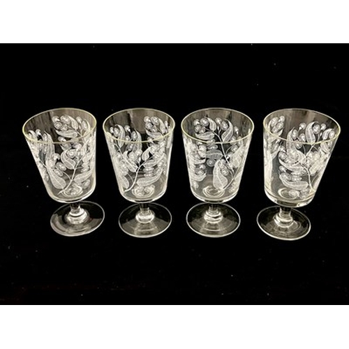 758 - Michael Harris for Chance Glass, a set of four Calypto wine glasses, circa 1959, white transfer flor... 