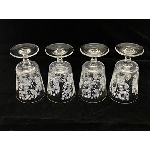 758 - Michael Harris for Chance Glass, a set of four Calypto wine glasses, circa 1959, white transfer flor... 