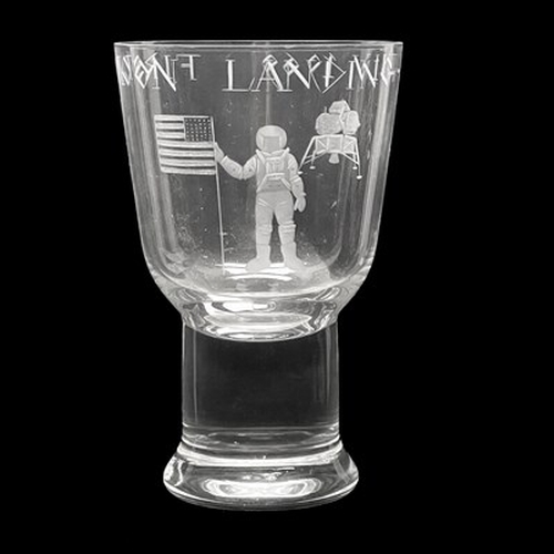 763 - Anne Robertson for Caithness Glass, a commemorative engraved glass Moon Landing vase, 1969, chalice ... 