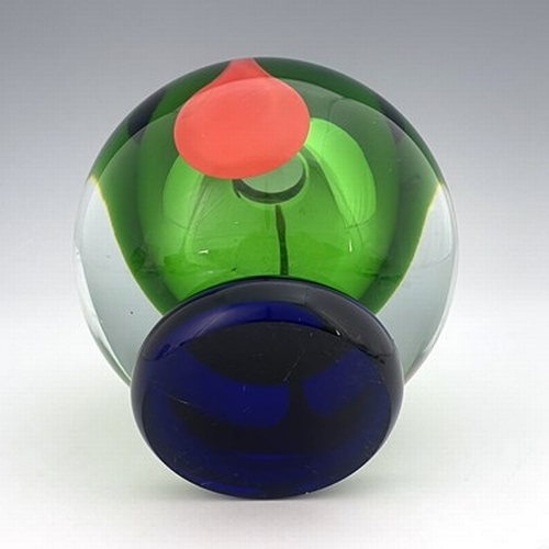 770 - A Modernist Murano glass Sommerso type vase, spherical form, colourless over green, with internal op... 