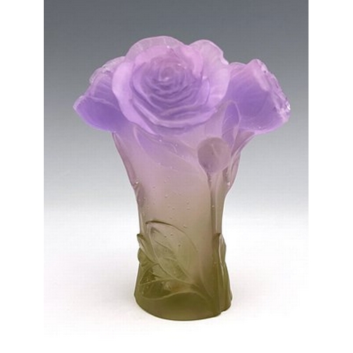 771 - A Daum pate-de-verre glass vase, relief moulded as a bouquet of roses, lilac draining to topaz, engr... 