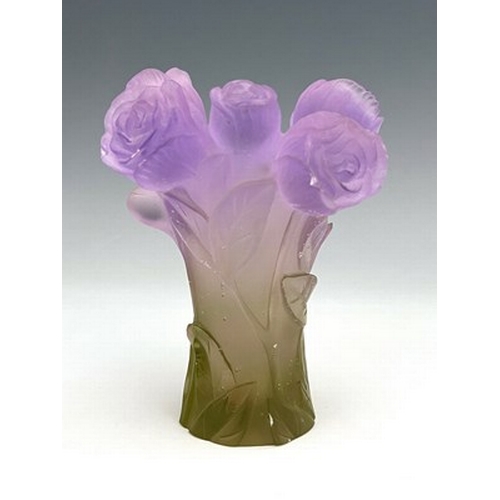 771 - A Daum pate-de-verre glass vase, relief moulded as a bouquet of roses, lilac draining to topaz, engr... 